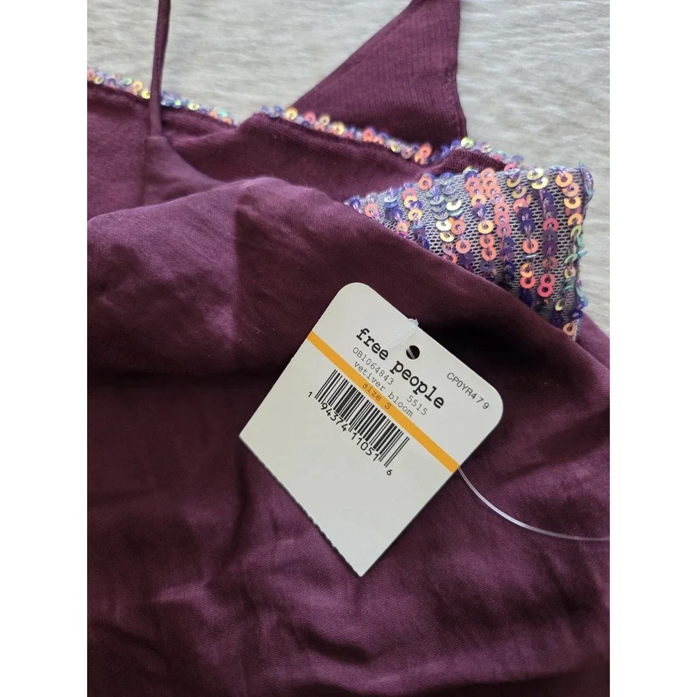 Free People Turn It On Cami S Burgundy Sequin Embellished Inset Layered Club NEW